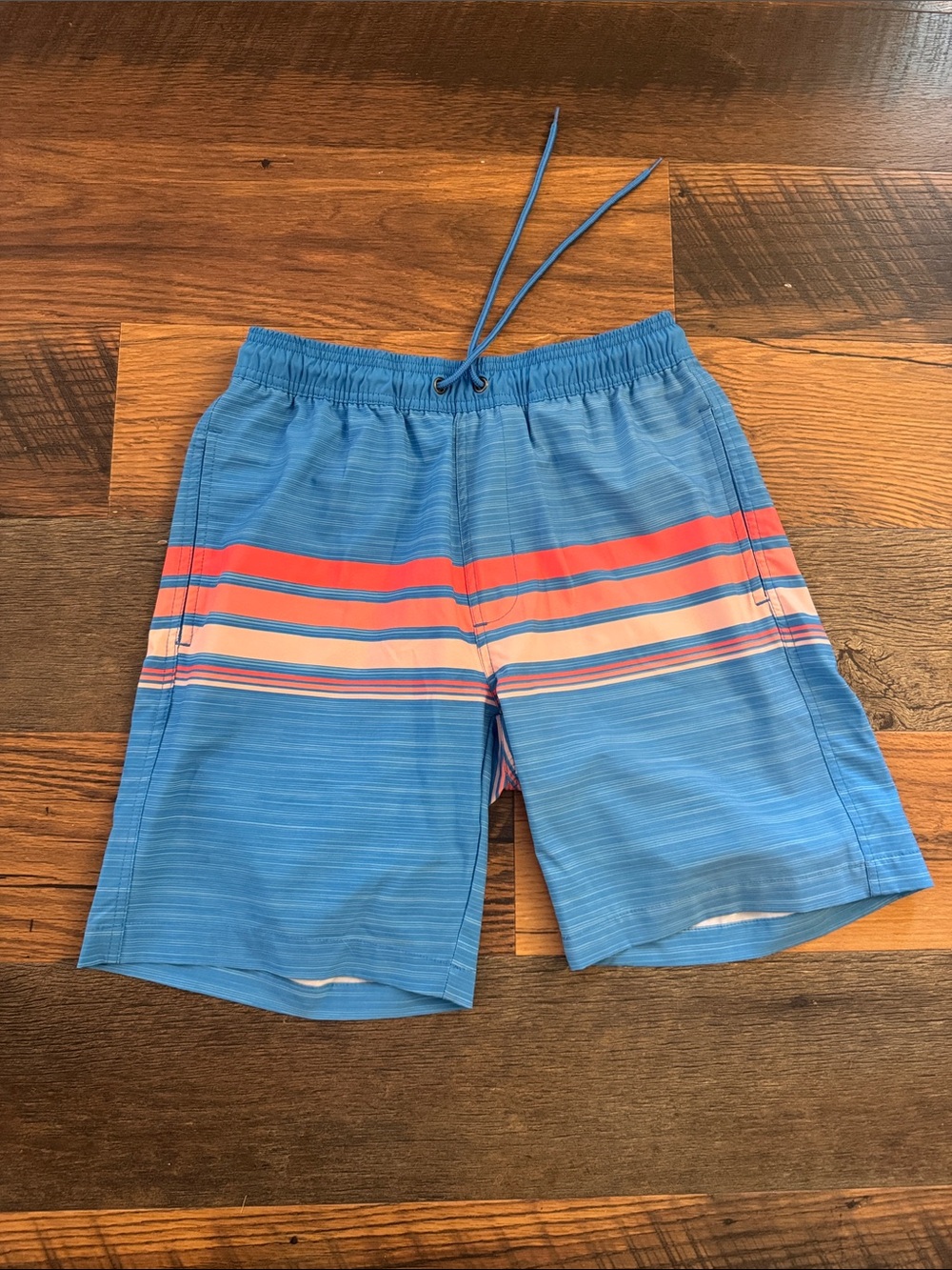 Men's Blue Swim Board Shorts with Coral and Cream Stripes